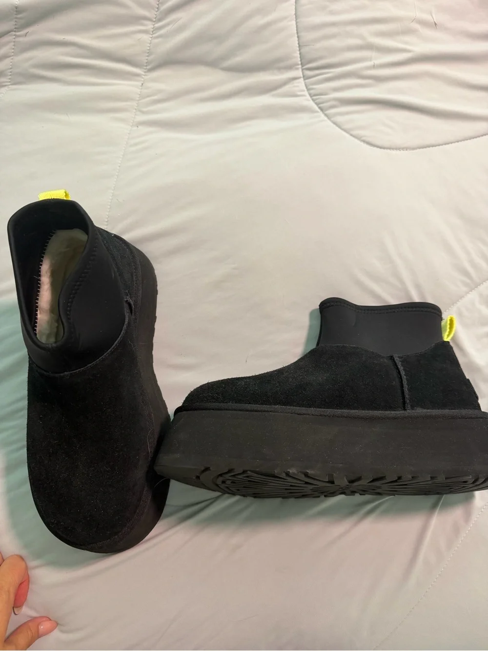 UGG Black Suede Ankle Boots with Yellow Pull Tabs